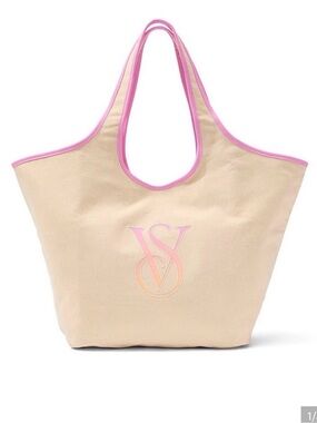 Victoria's Secret Beige Canvas Tote with Pink Trim